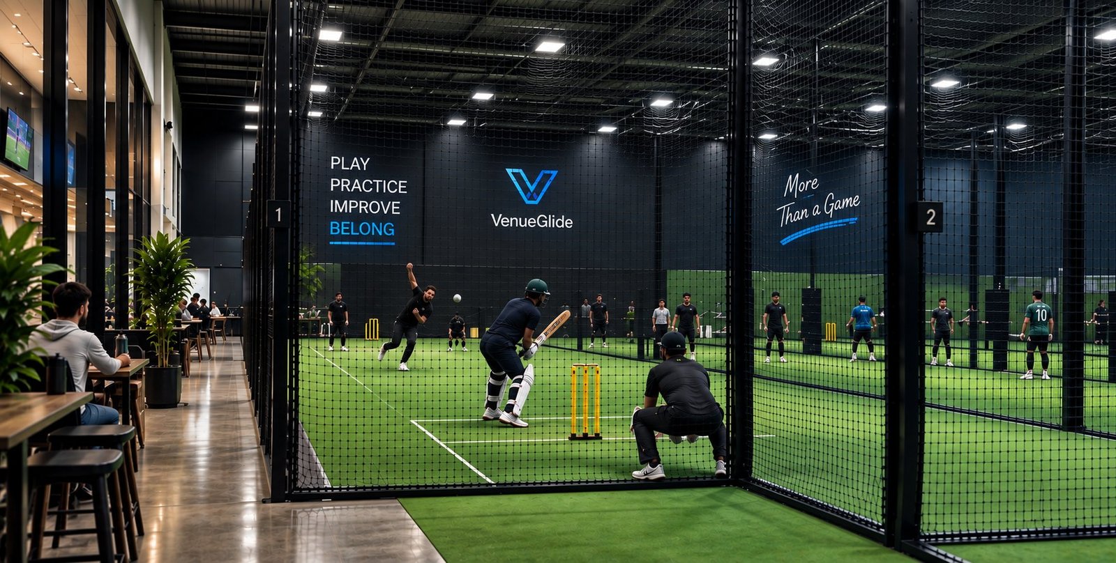 Players using an indoor cricket lane at a VenueGlide-powered multi-sport facility