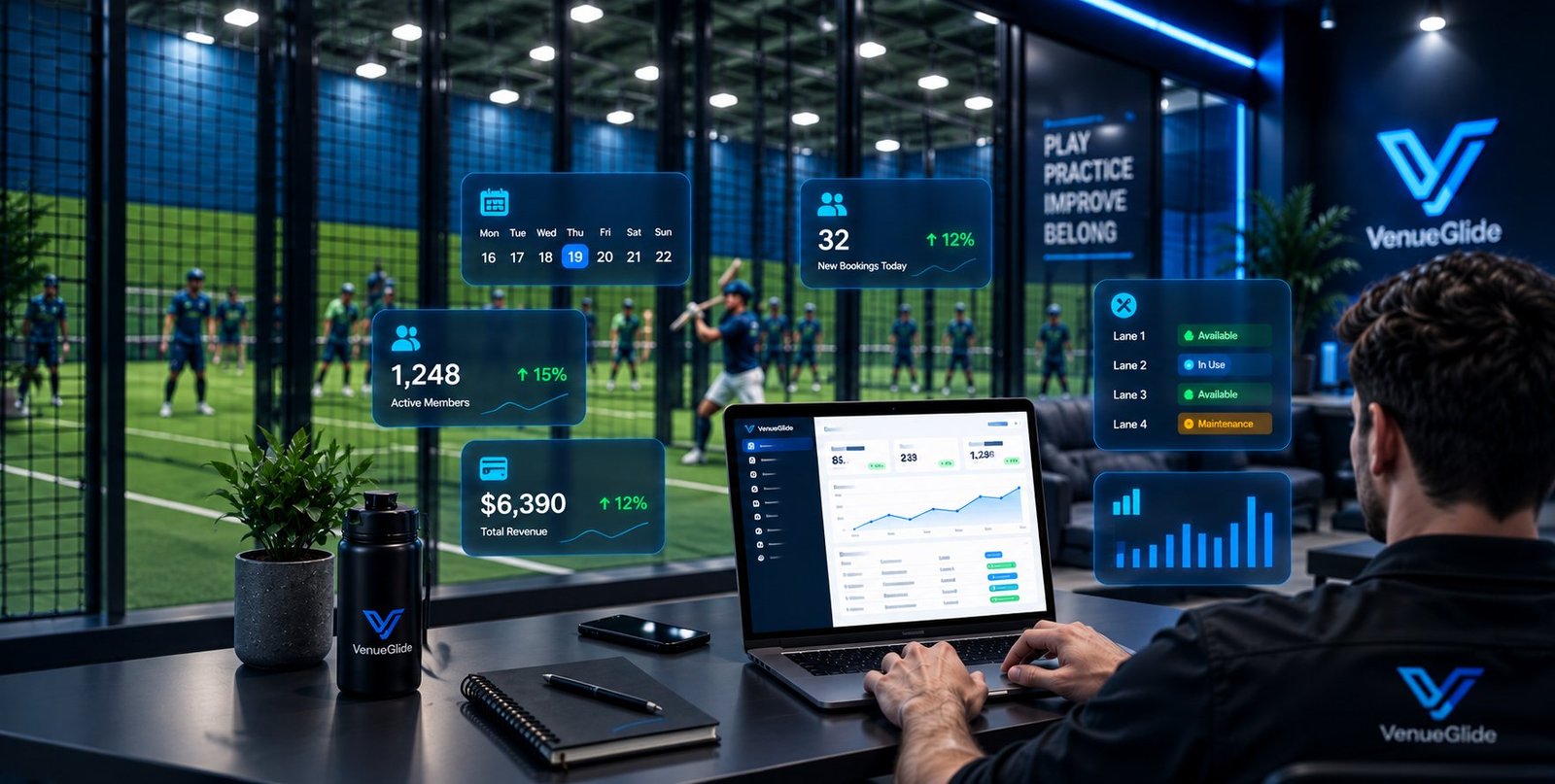 VenueGlide OS dashboard showing live bookings, customer accounts, payments, lane availability and analytics for a multi-sport venue