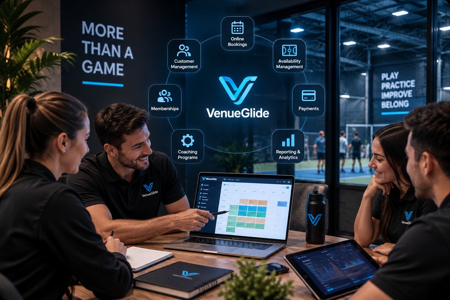 VenueGlide platform bringing bookings, payments, coaching and reporting together in one operating system